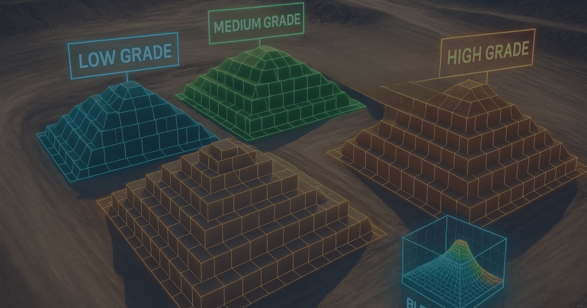 Digitally segmented stockpiles labeled low, medium, and high grade with 3D wireframe overlays and grade classification visualization, representing traceable material segregation.
