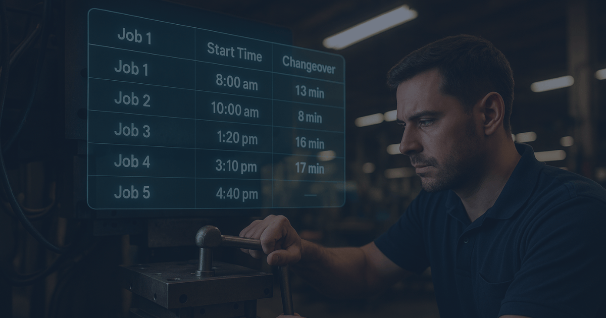 Factory technician adjusts a machine while a translucent digital schedule shows start times and changeover minutes.