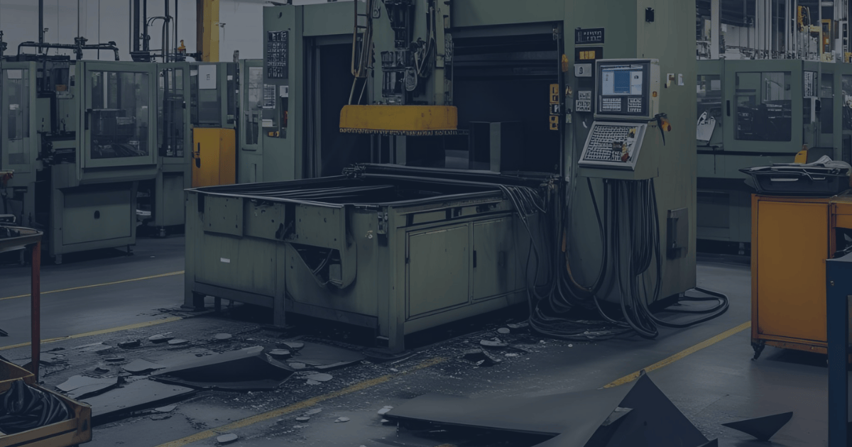 Damaged industrial machine on a factory floor surrounded by broken components, illustrating unplanned downtime in a manufacturing environment.