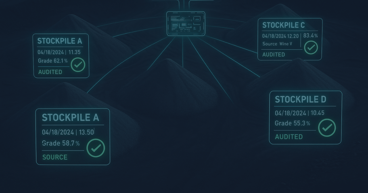 Networked stockpiles with digital audit tags showing timestamp, grade percentage, and verification status, connected to a centralized control interface.