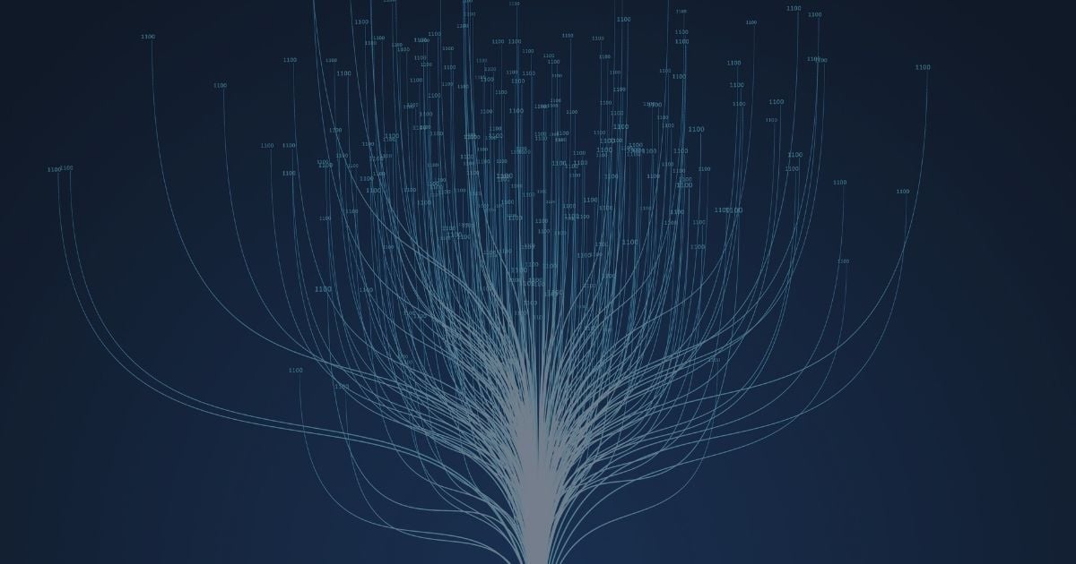 Abstract data visualization showing interconnected numerical streams flowing upward, symbolizing large-scale data aggregation and analysis