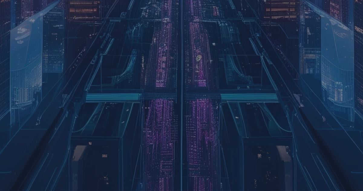 Futuristic digital twin visualization of an urban environment, displaying layered data and system flows across a virtual infrastructure grid