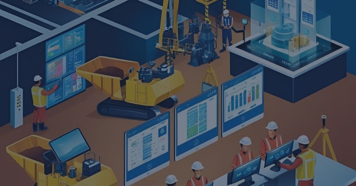 Illustration of a smart mining operation with workers monitoring dashboards, automated equipment, and digital twin visualizations in an integrated control environment