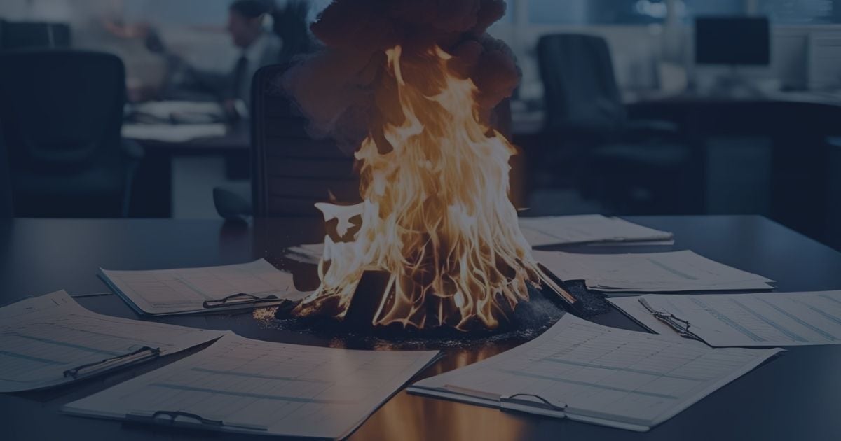 Stack of paper reports burning on a conference table, symbolizing the shift away from manual processes and outdated reporting methods