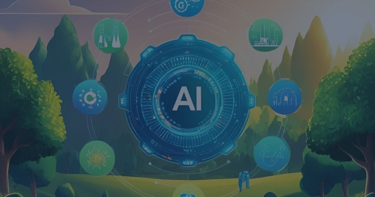AI interface surrounded by icons representing industrial and environmental applications, symbolizing sustainable technology integration