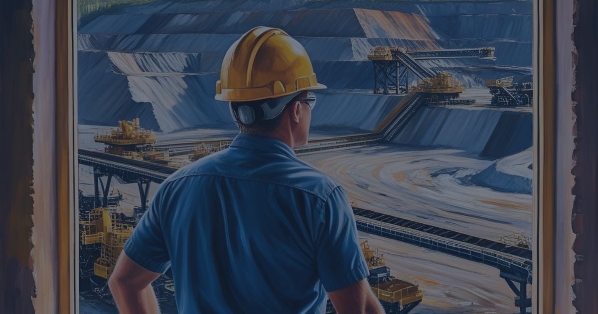 Mine supervisor overlooking an open-pit mining operation with active conveyors and heavy equipment in the distance