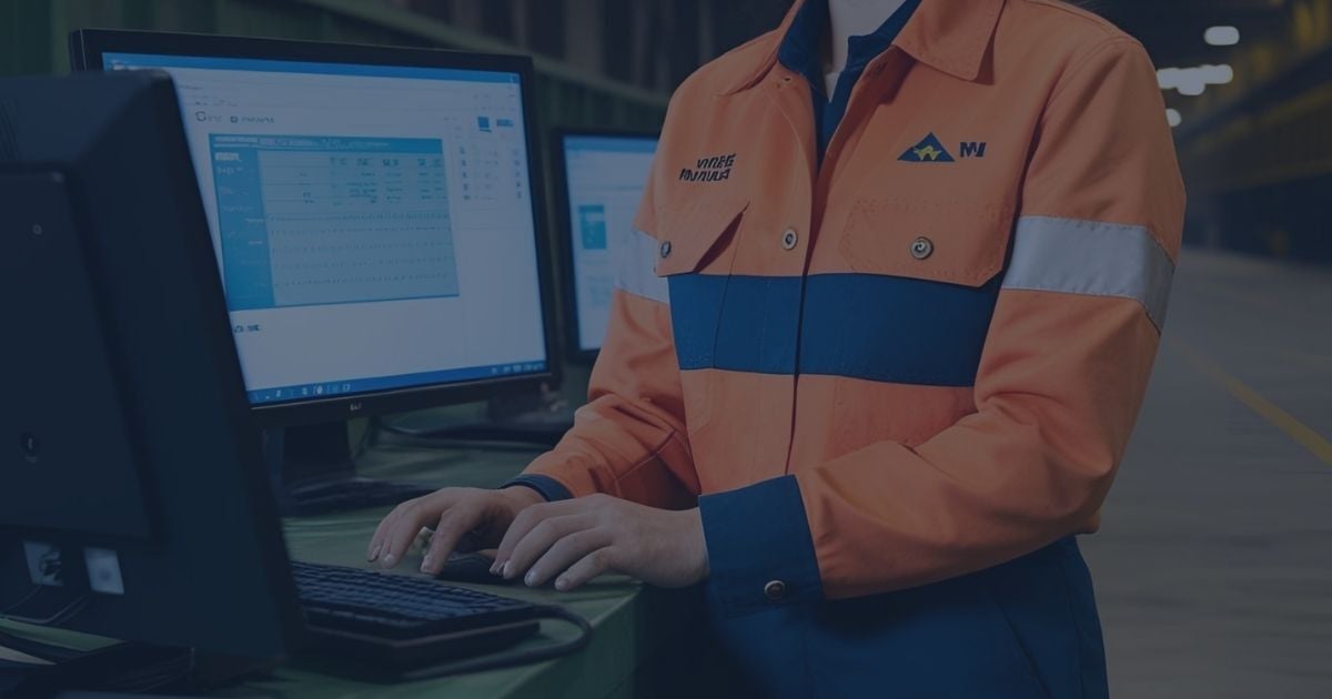 Mining technician entering data at a workstation with operational dashboards displayed on dual monitors