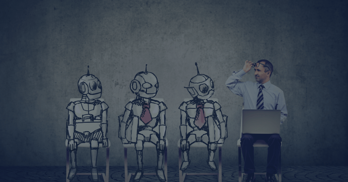 Business professional sitting with laptop beside three illustrated robots in suits, highlighting contrast between human judgment and automation.
