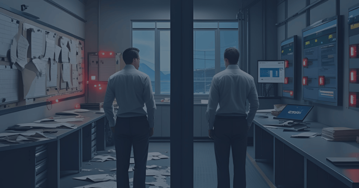 Split-screen view of two factory planners standing in contrasting control rooms—one chaotic with paper-based rush order alerts, the other organized with digital scheduling dashboards.