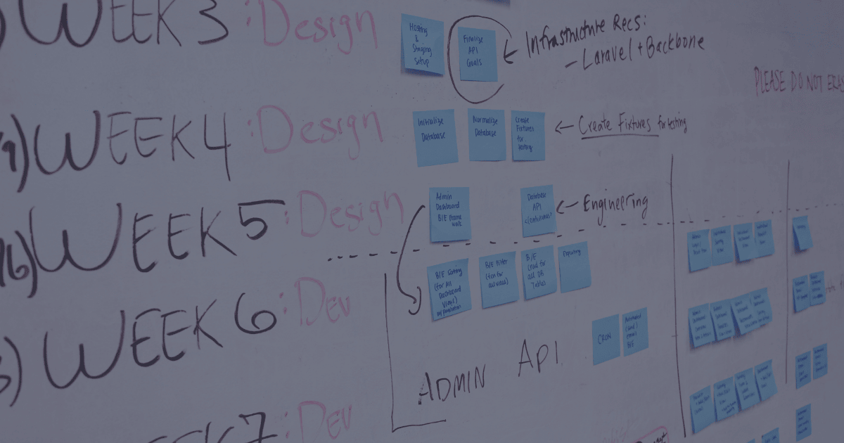 Close-up of a whiteboard production schedule with sticky notes, handwritten tasks, and week-by-week planning—representing manual batch manufacturing scheduling.