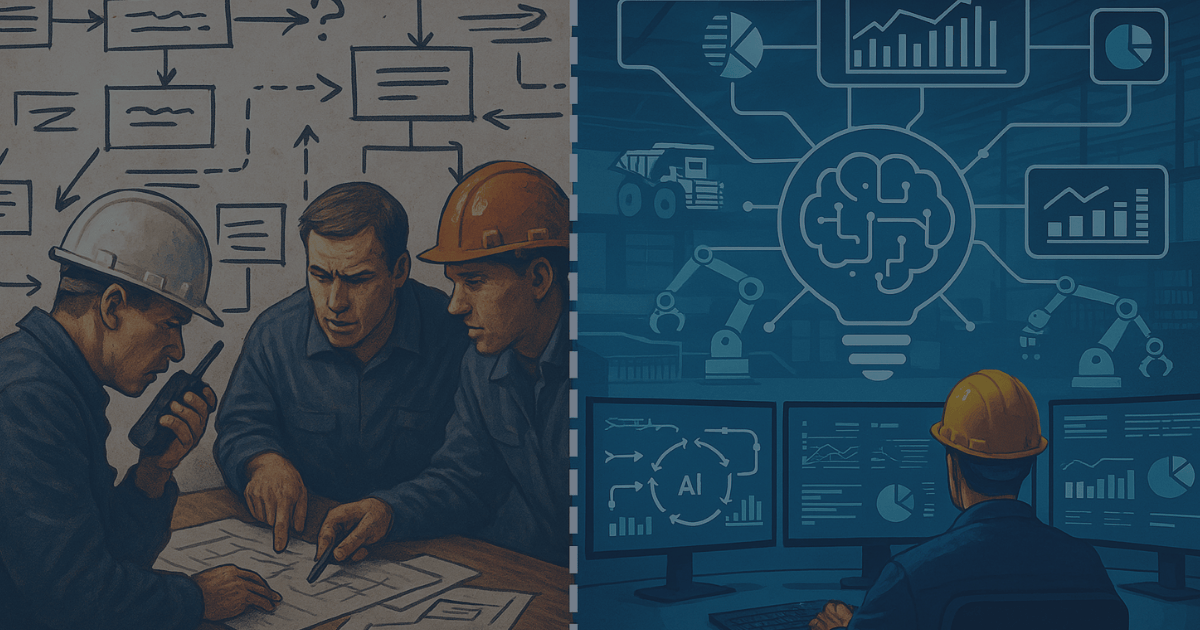 Split-screen illustration showing traditional manual planning on one side and AI-powered decision-making with real-time data dashboards on the other