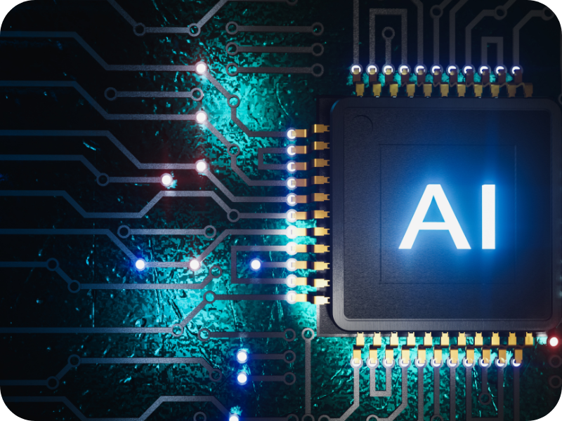 Computer chip labeled AI glowing on a circuit board, representing artificial intelligence in industrial automation