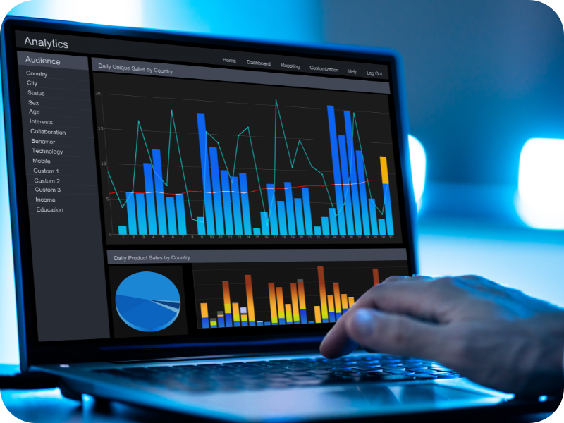 Person analyzing bar and pie charts on a laptop screen, representing data-driven decision-making in operations