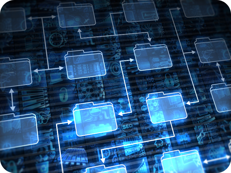 Digital network of interconnected blocks symbolizing unified access to industrial data systems like SCADA and MES