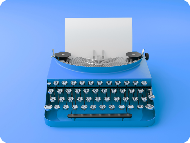 Blue vintage typewriter with paper loaded, symbolizing blog content, commentary, and industry insights