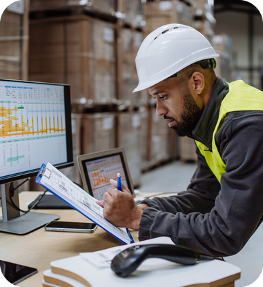 Factory supervisor in a hard hat and safety vest reviewing production schedules on a computer screen and clipboard inside a warehouse.