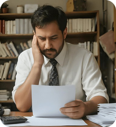 Business professional at a cluttered desk reading documents with a concerned expression.