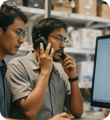 Two employees in a warehouse office looking at a computer screen, one speaking urgently on two phones at once.