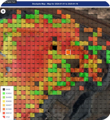 Digital twin heatmap showing ore variability and misplaced material at a Brazilian gold mine