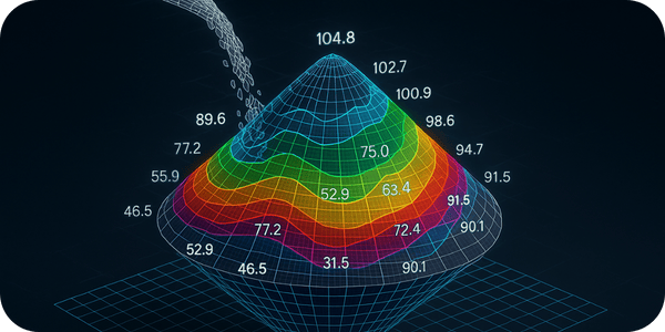 Color-coded 3D model of a stockpile displaying gradient contour lines and numeric density values for real-time material analysis.