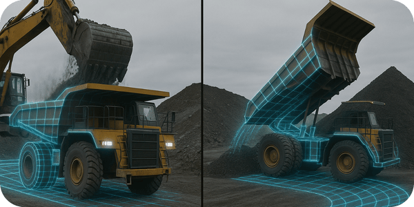 Side-by-side view of a haul truck being loaded with ore by an excavator and then dumping it, overlaid with digital gridlines representing tracking technology.