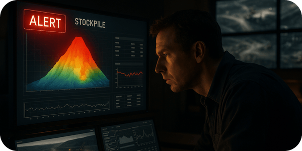 Male engineer focused on a multi-screen dashboard displaying a stockpile heatmap alert and real-time operational graphs.