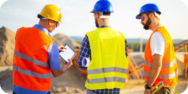 Three construction engineers in safety vests and helmets discussing site plans while standing in front of a mine stockpile.