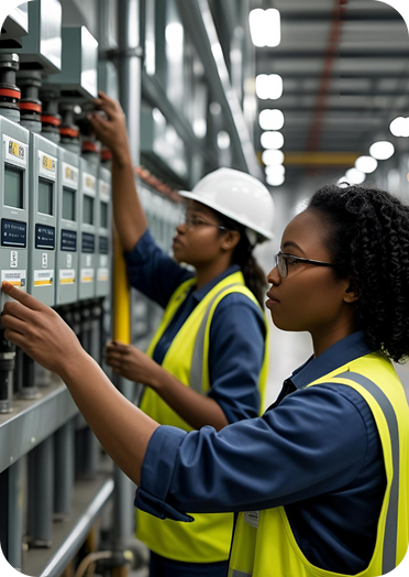 Technicians inspecting control panels in a modern manufacturing plant, monitoring energy usage and performance metrics.