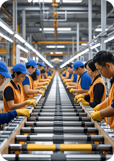 Warehouse staff working along a conveyor line with high-efficiency material handling, reflecting streamlined picking and fulfillment.