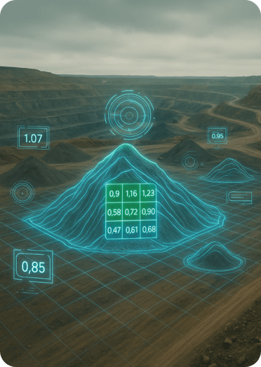 Digital twin visualization of a stockpile in an open-pit mine, displaying overlaid ore grade values and target indicators used for ore tracking and variability analysis.