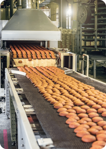 Automated food manufacturing line with rows of baked goods moving through an industrial oven—representing high-throughput production in a bakery facility.