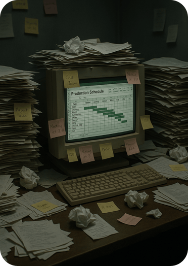 Outdated production scheduling on an old computer surrounded by stacks of paper and sticky notes, symbolizing inefficient manual scheduling systems replaced by NTWIST Dynamic Scheduling.