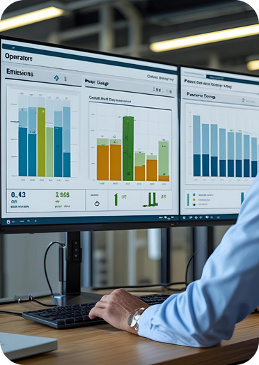 Engineer analyzing real-time emissions dashboard with CO₂ and energy usage metrics displayed on screen