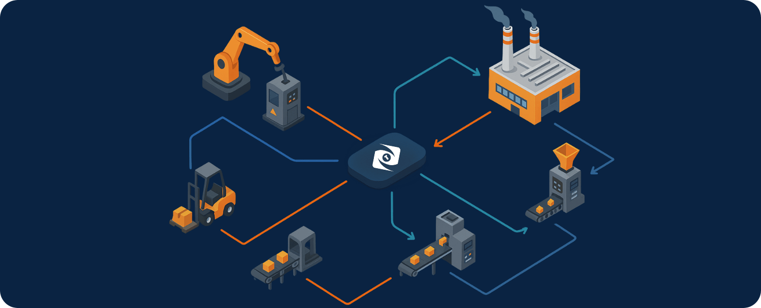 Isometric factory network illustration depicting NTWIST software connecting machines, robots, and systems to synchronize planning, materials, and production in real time.