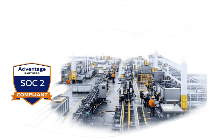 Smart factory production line with robotic arms — SOC 2 Compliant