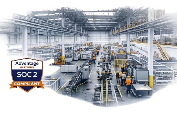 Smart factory production line with robotic arms — SOC 2 Compliant