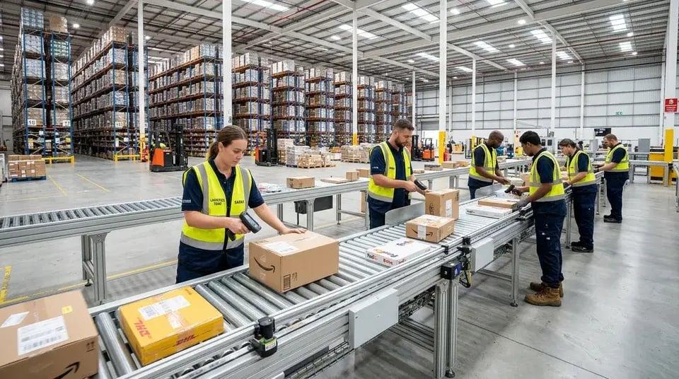 Warehouse staff working along a conveyor line with high-efficiency material handling, reflecting streamlined picking and fulfillment.