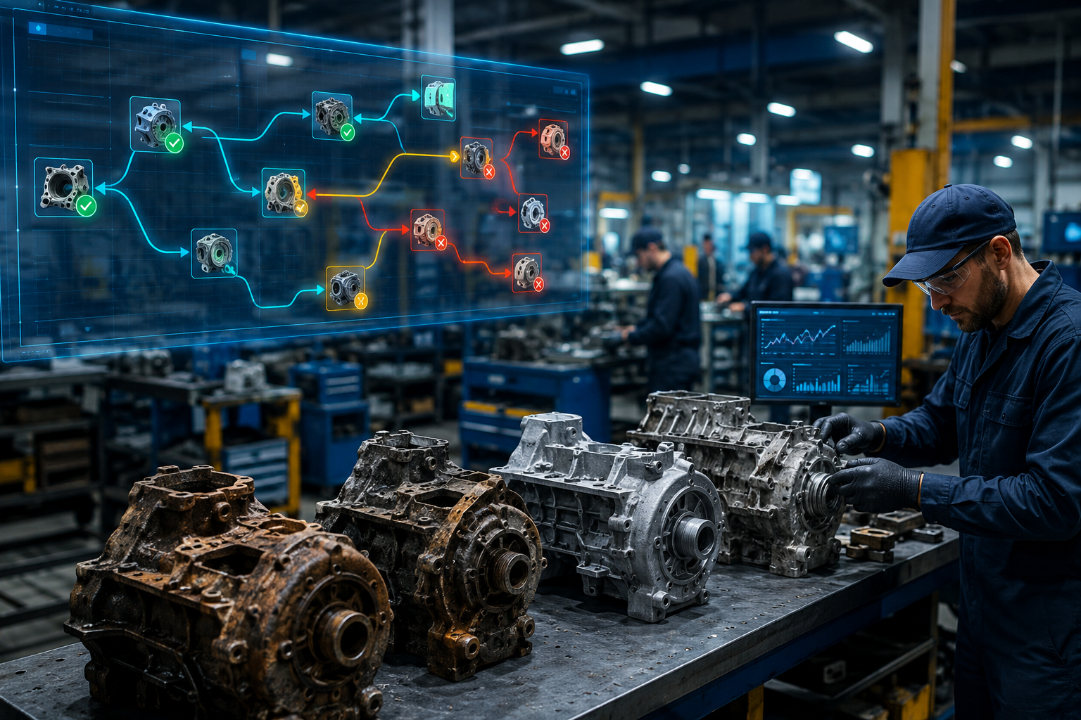 Technicians inspecting a rebuilt component