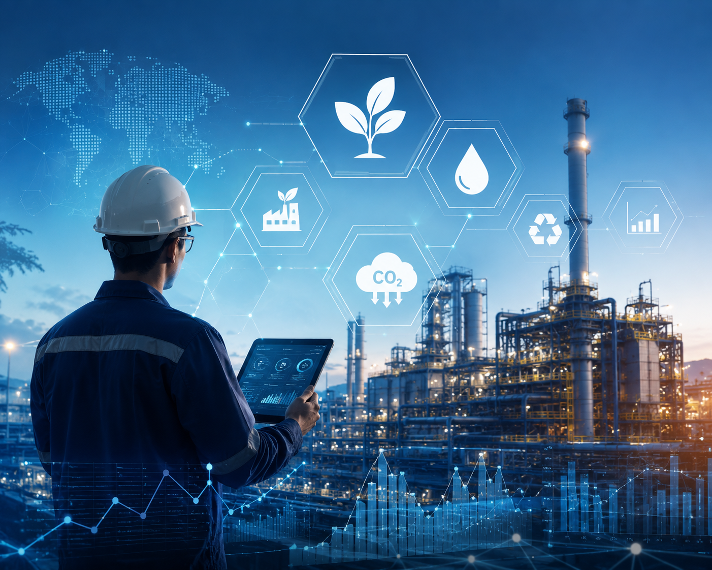 Engineer reviewing real-time process data on a tablet in front of an industrial refinery at dusk