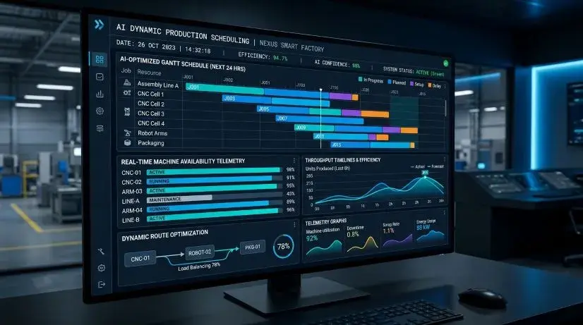 AI-powered adaptive production scheduling dashboard adapting in real time