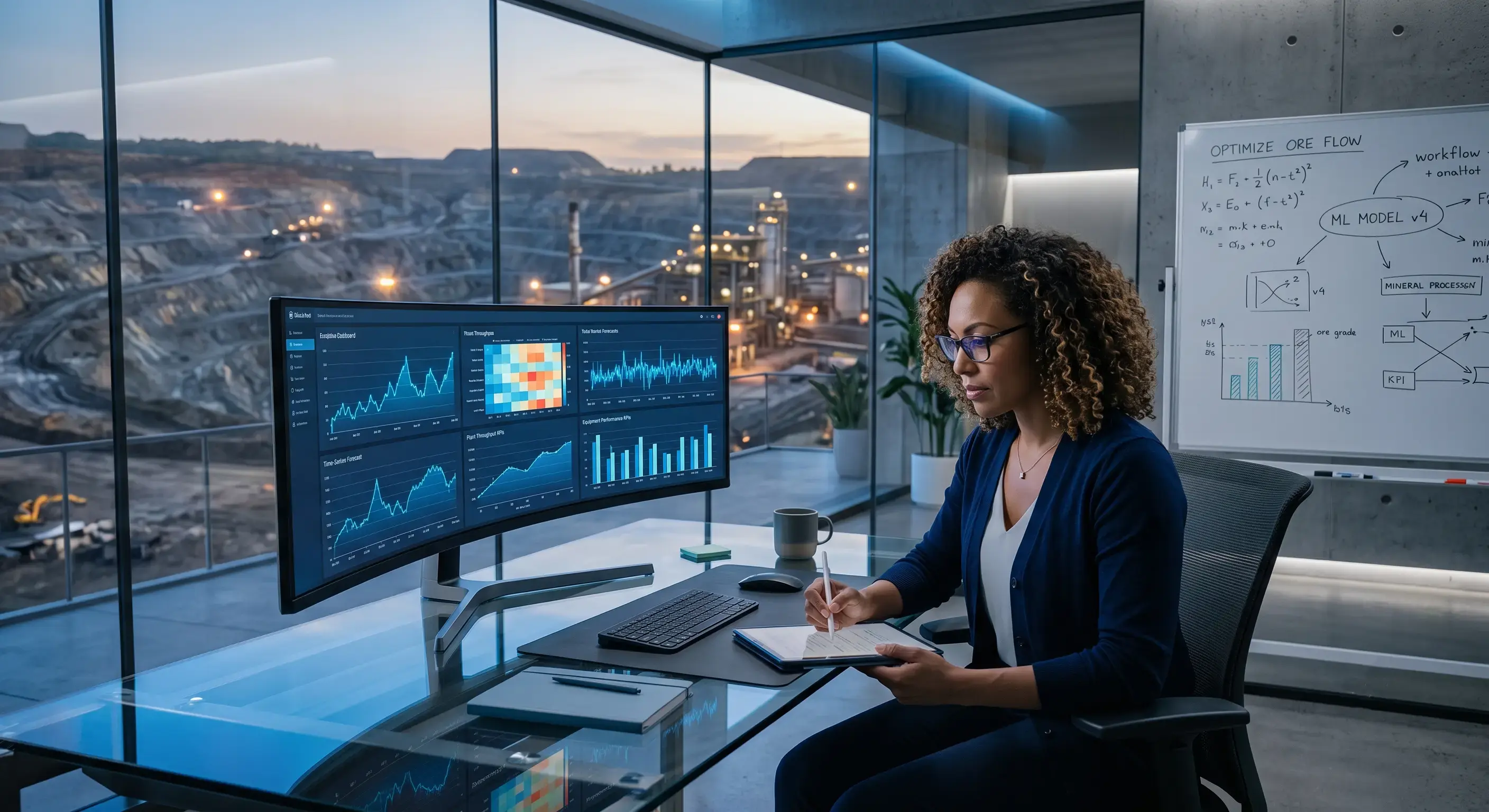 Data scientist studying time-series forecast charts of ore grade and plant throughput on a large monitor, industrial predictive modeling theme, blue color palette