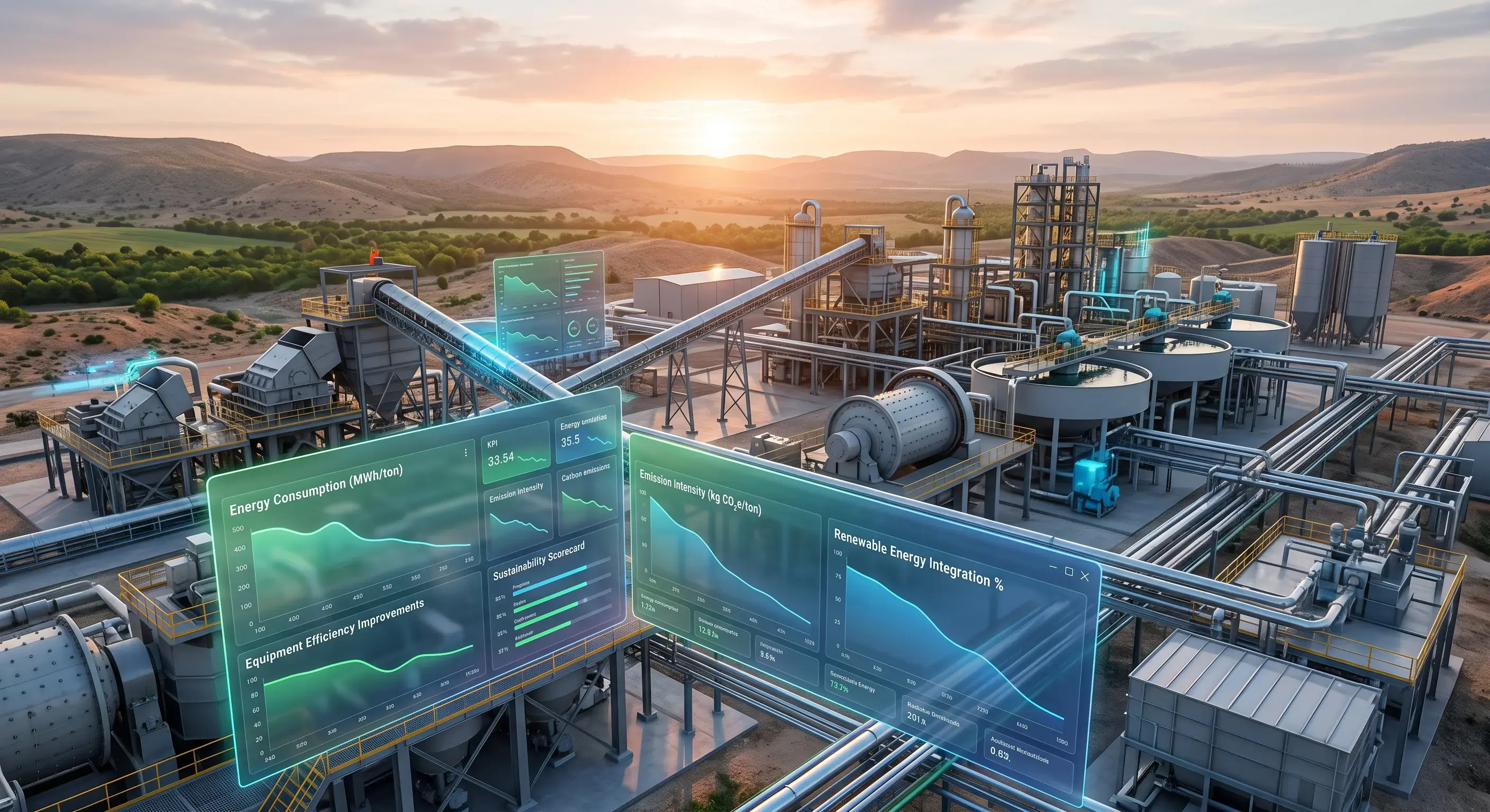 Industrial plant with overlaid downward-trending energy and emissions graphs, green and blue gradient, sustainability in heavy industry