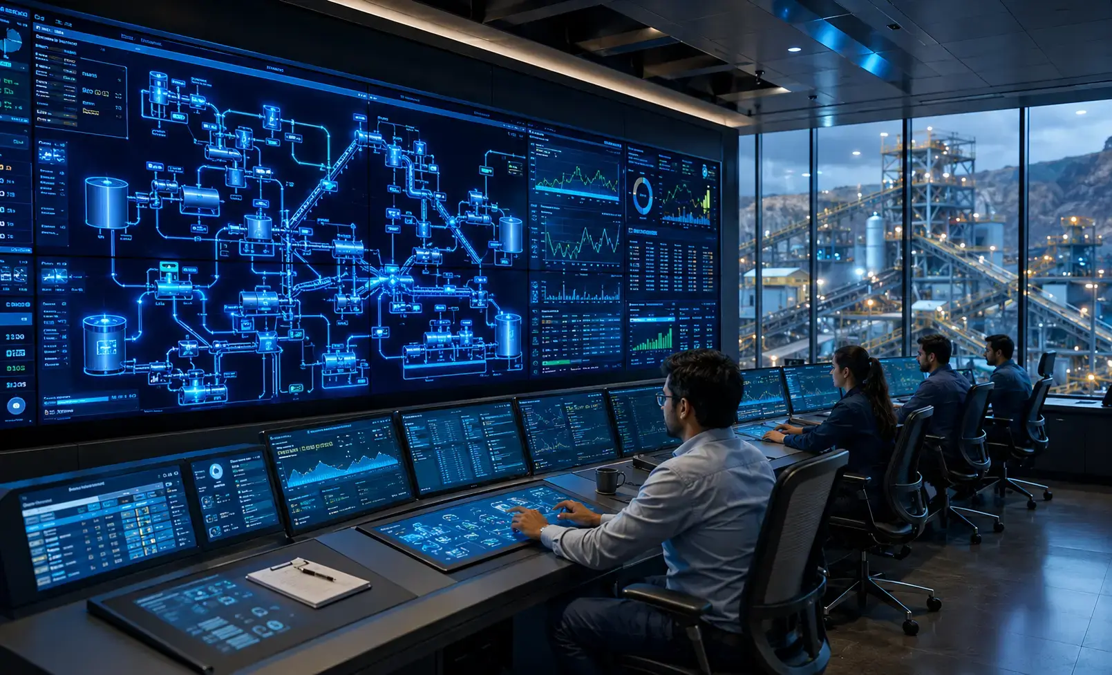 Live control-room dashboard adjusting setpoints of a mineral processing plant in real time, glowing process flow diagram, industrial AI optimization