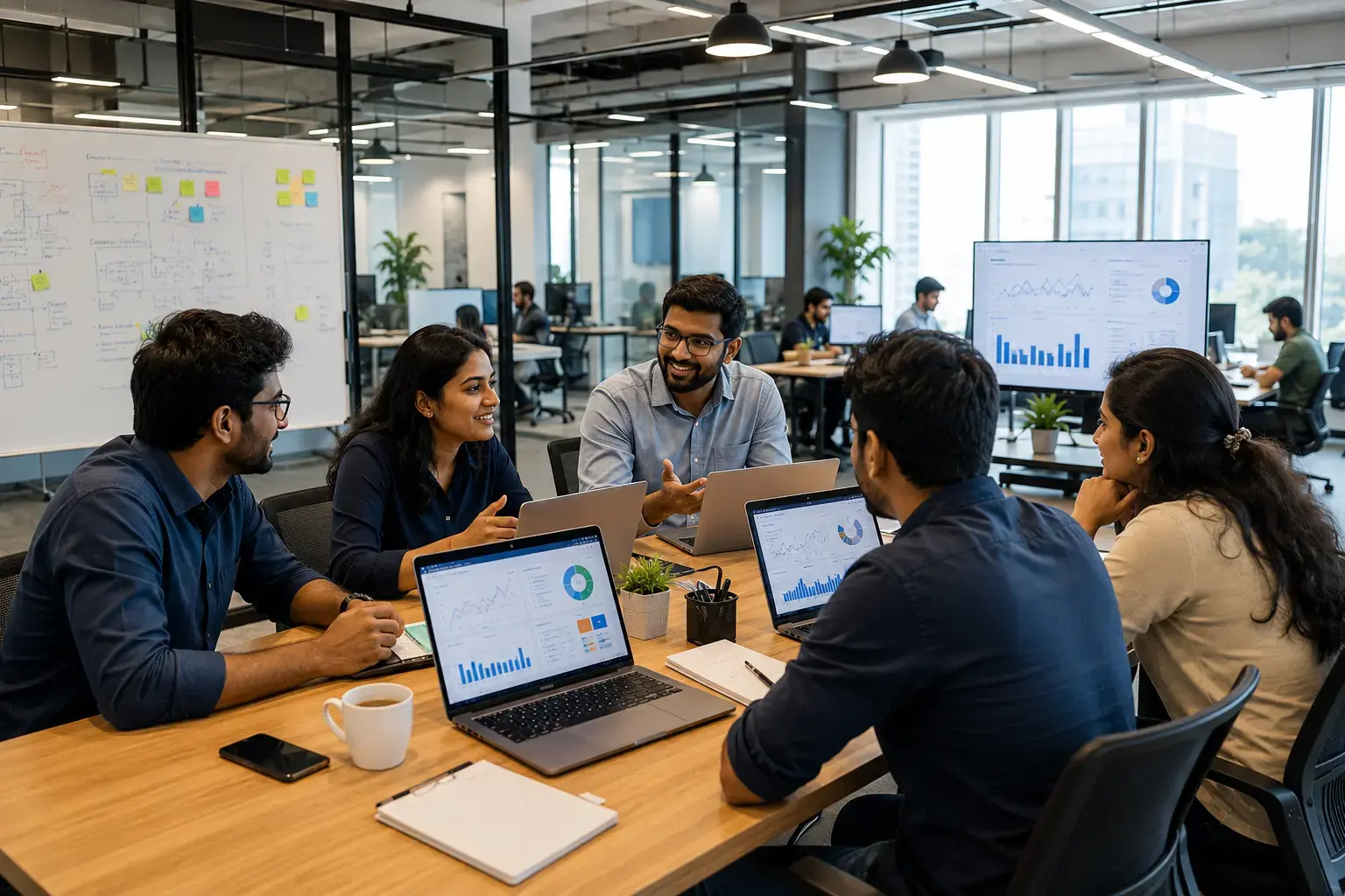 NTWIST team of engineers and data scientists collaborating in a bright modern office, laptops open with process-optimization dashboards on screen, candid and warm atmosphere