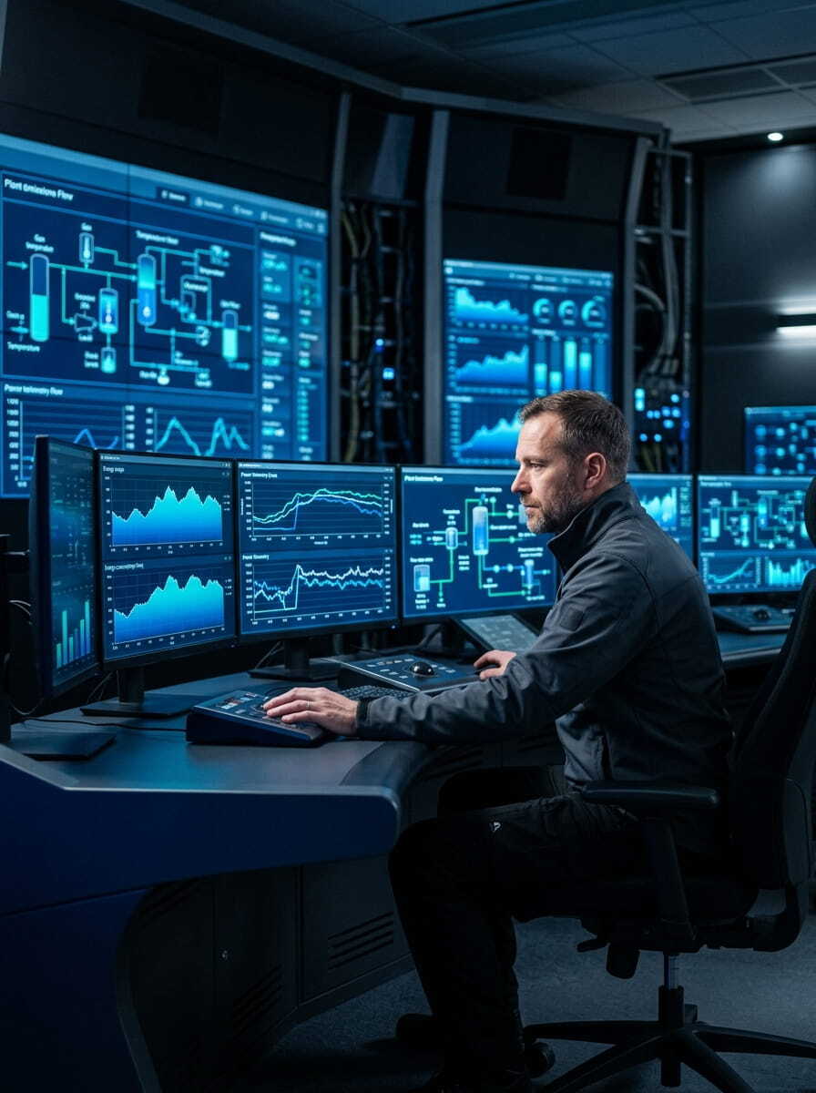 Engineer analyzing real-time emissions dashboard with CO₂ and energy usage metrics displayed on screen