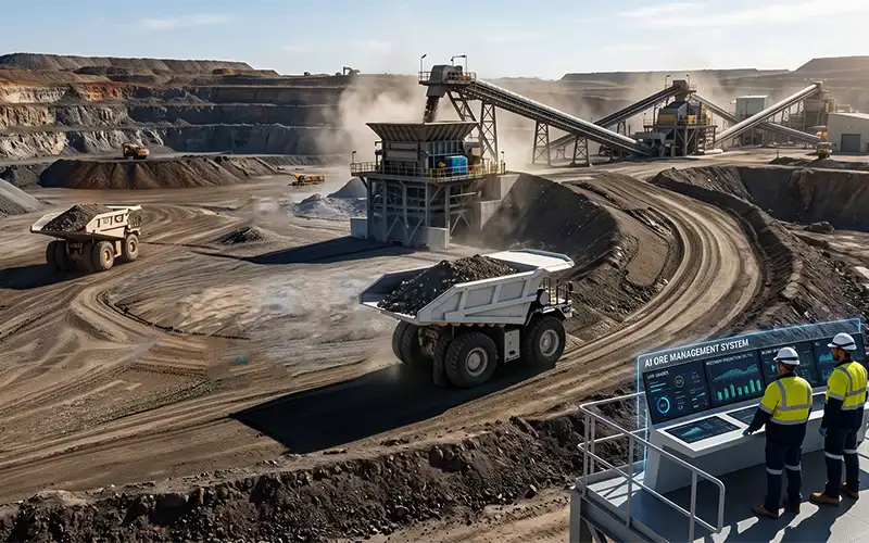 Industrial crusher machine processing rock at a mining site