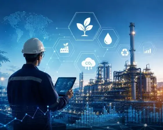 Engineer reviewing real-time process data on a tablet in front of an industrial refinery at dusk