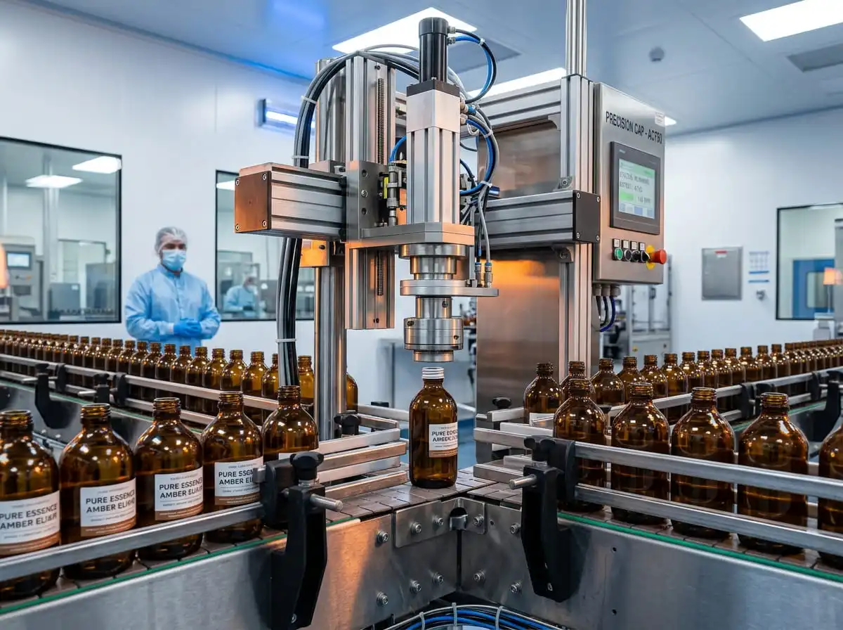 Automated bottling machine sealing amber glass bottles in a pharmaceutical or food production facility