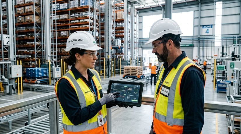Two engineers reviewing operational data on a tablet in a warehouse, surrounded by shelves and inventory.