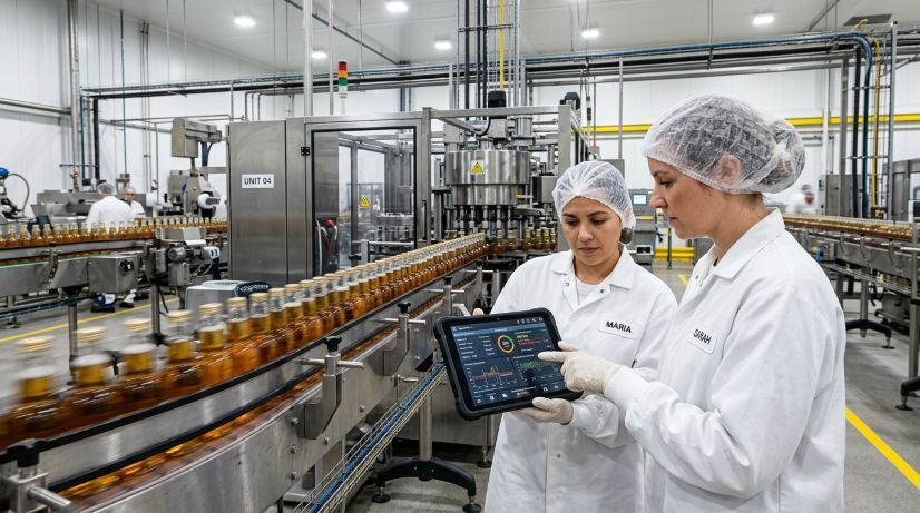 Food production workers operating on a live manufacturing line, highlighting the importance of real-time monitoring and early downtime detection.